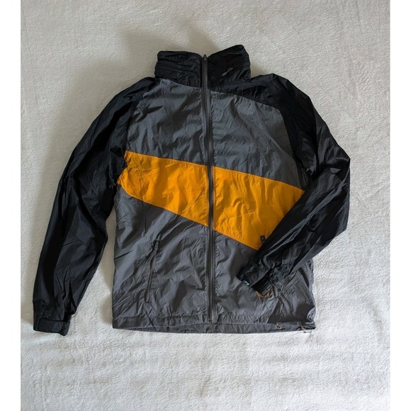 Volcom Orange Gray Black Stripe Windbreaker Men's M Hidden Checkered Print Hood - Picture 1 of 15